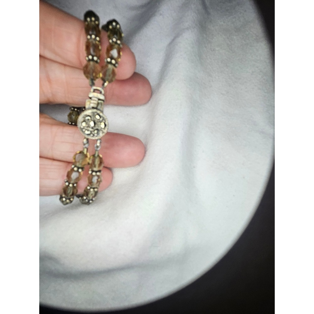 Double Strand Olive Green Beaded Bracelet with Decorative Round Slide Clasp